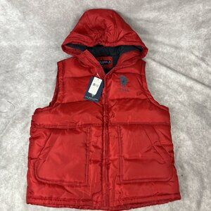 US POLO ASSN Women's Red Puffer Vest Hoodie Pony Med NWT